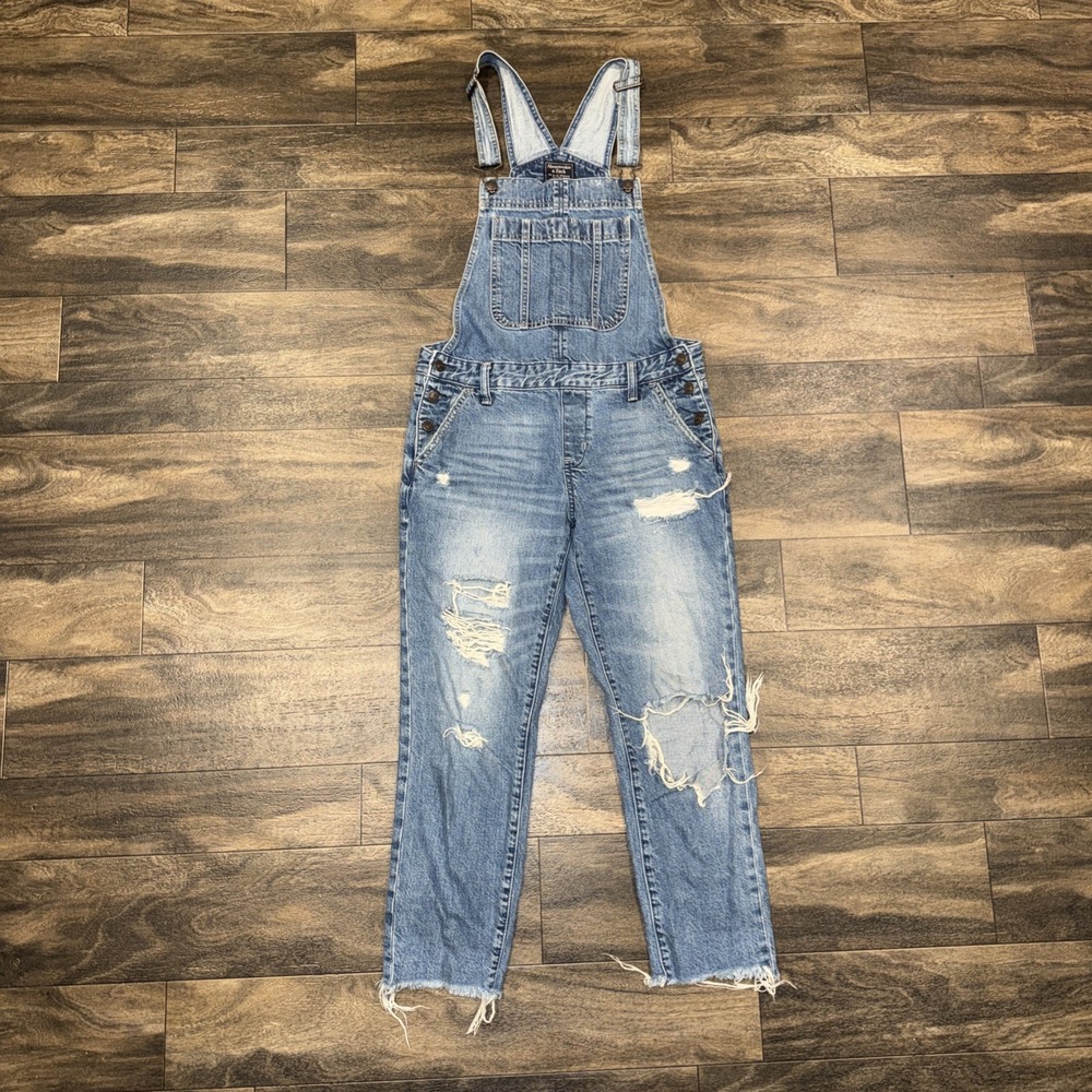 Abercrombie & Fitch Distressed Light Wash Denim Overalls Women's Size XS Raw Hem